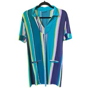 Tori Richard Honolulu‎ Women's Short Sleeve Striped Pocket Dress Retro Mod S